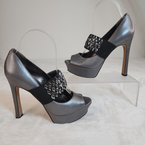 Glam Goth Platform Heels 6.5 Silver Gunmetal Metallic Studded Peep Toe Mary Jane - Picture 1 of 12